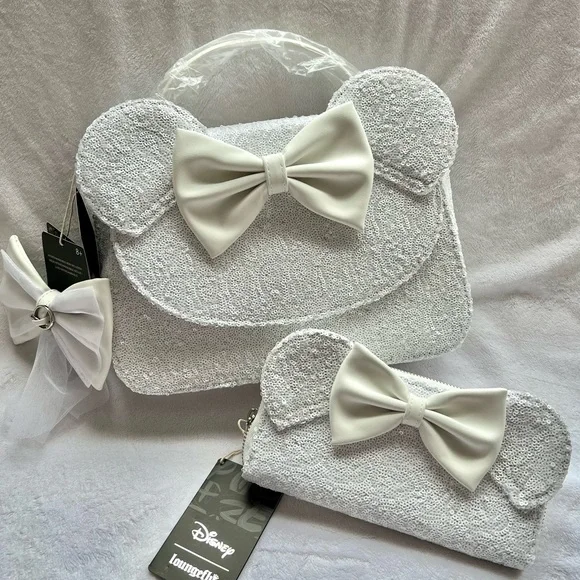 NEW SET Loungefly Minnie Mouse Sequin Wedding Crossbody Bag and wallet - Picture 2 of 16